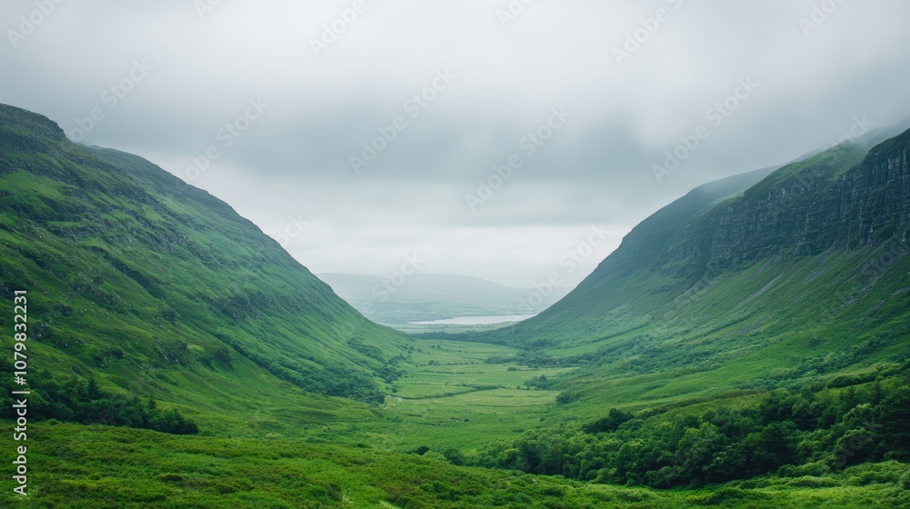 Fototapeta premium Majestic Scenery of the Ring of Kerry in Ireland Capturing Lush Green Valleys and Serene Landscapes Under a Misty Sky for Breathtaking Nature Photography