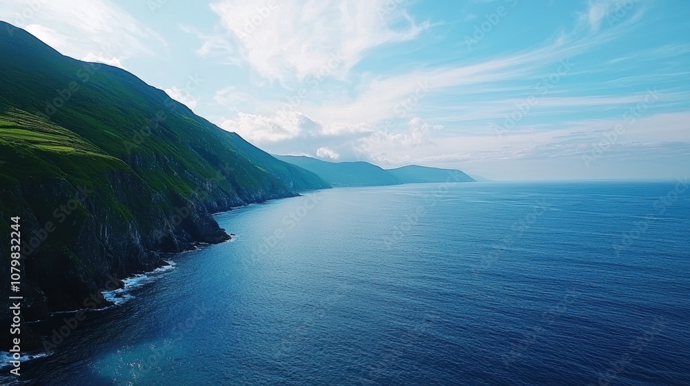Obraz premium Breathtaking Aerial View of the Ring of Kerry Landscape in Ireland Featuring Lush Green Hills and Tranquil Blue Sea Under a Clear Sky