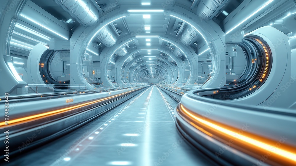 Futuristic tunnel with illuminated pathways and sleek design. Futuristic tunnel with illuminated pathways and sleek design.