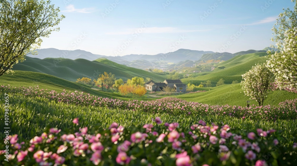 Serene Spring Scene in Rural China: Blossoming Peach Trees, Rolling Hills, Traditional Farmhouse, and Vibrant Flowers in Ultra-Detailed Landscape Photography Serene Spring Scene in Rural China: Blossoming Peach Trees, Rolling Hills, Traditional Farmhouse, and Vibrant Flowers in Ultra-Detailed Landscape Photography