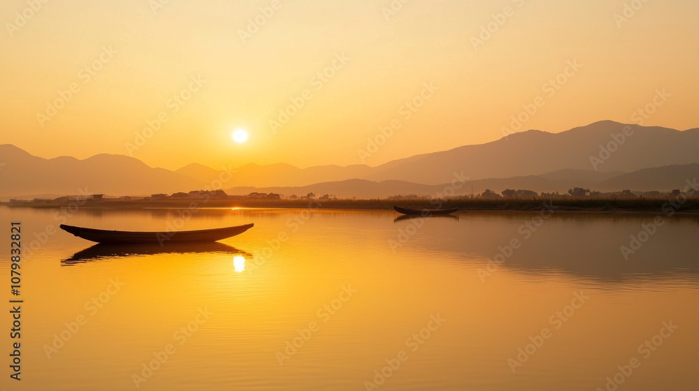 Tranquil Sunset Scenery in Rural China with Wooden Boats, Calm River, and Silhouetted Mountains - Ultra-Detailed Landscape Photography Tranquil Sunset Scenery in Rural China with Wooden Boats, Calm River, and Silhouetted Mountains - Ultra-Detailed Landscape Photography