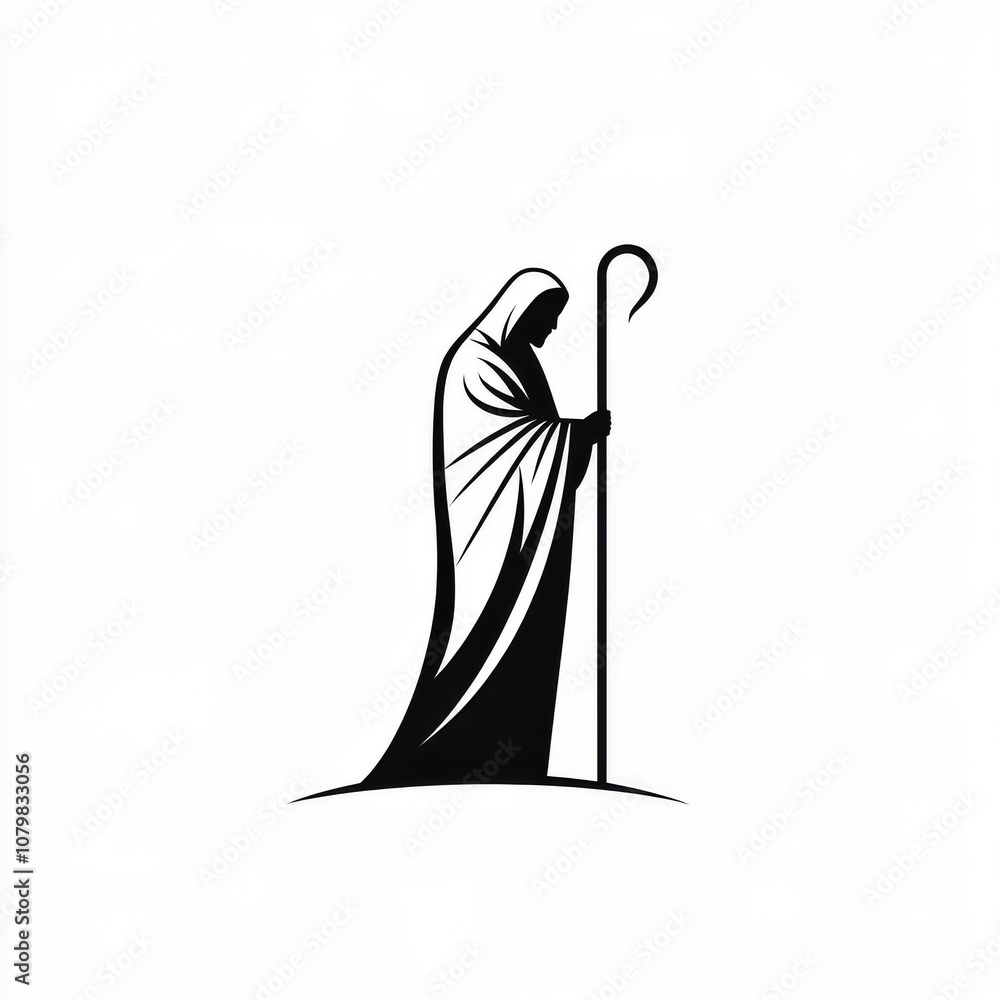 Minimalist logo with a shepherd in traditional robe holding angled shepherd's staff. Minimalist logo with a shepherd in traditional robe holding angled shepherd's staff.