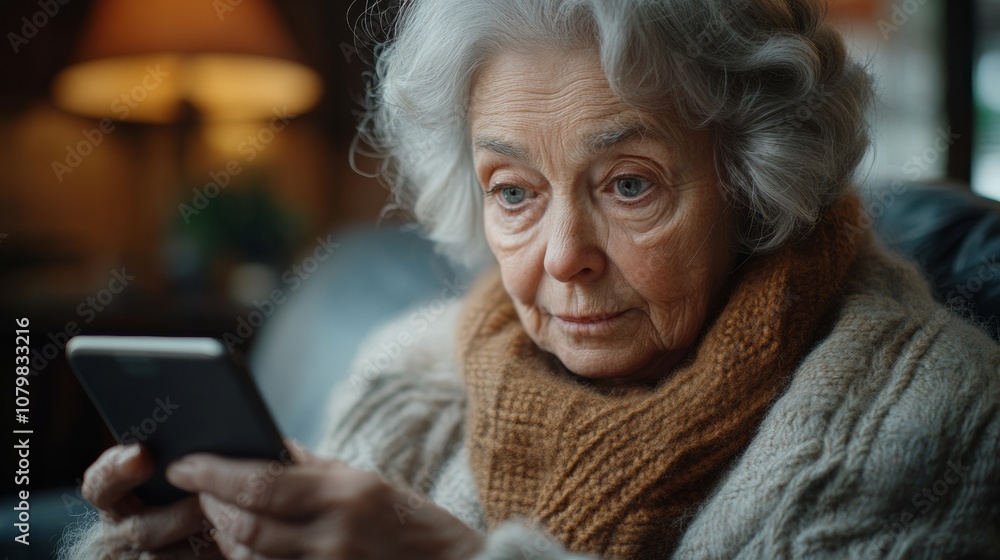 Elderly Woman Engaging with Digital Technology in Cozy Indoor Setting Elderly Woman Engaging with Digital Technology in Cozy Indoor Setting