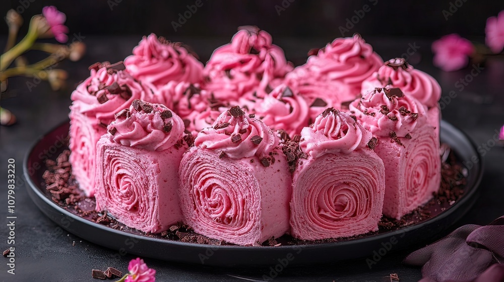 A pink cake with chocolate chips on top, arranged in a circle, with a black background. A pink cake with chocolate chips on top, arranged in a circle, with a black background.