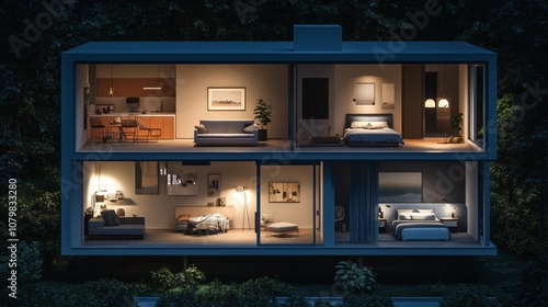 Modern house with a cutaway view showing the interior at night.