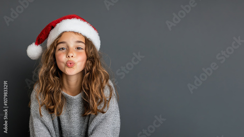 French girl student blowing a kiss in christmas wear and santa hat isolated on gray