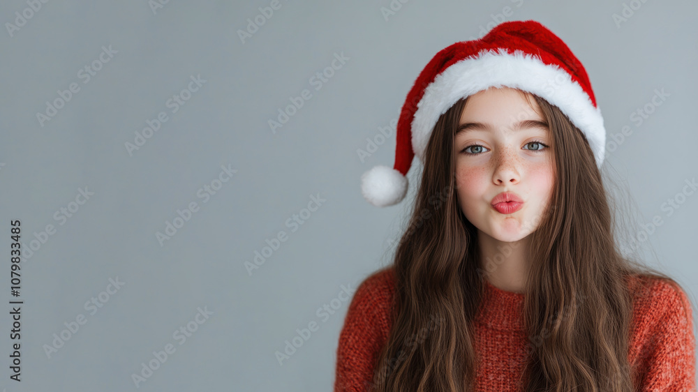 Germany girl student blowing a kiss in christmas wear and santa hat isolated on gray Germany girl student blowing a kiss in christmas wear and santa hat isolated on gray