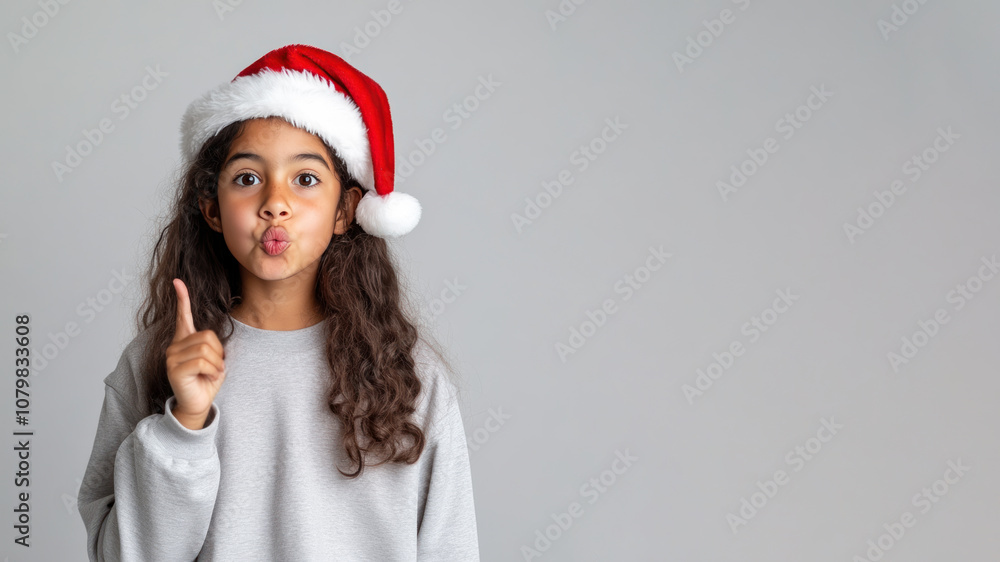 Hispanic girl student blowing a kiss in christmas wear and santa hat isolated on gray Hispanic girl student blowing a kiss in christmas wear and santa hat isolated on gray