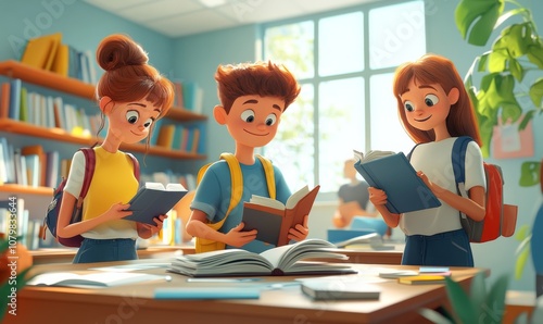 Cartoon students cleaning up after class, putting away books and tidying desks, organized and helpful, 3D illustration