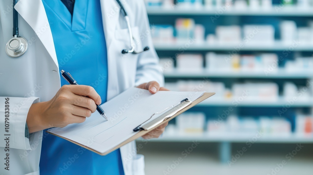 A pharmacist examines a prescription in a pharmacy, highlighting the importance of healthcare and medication management.