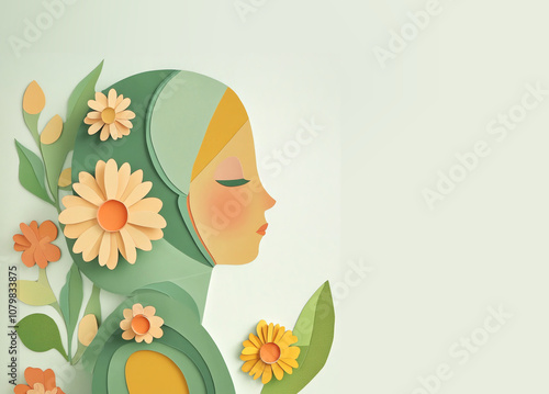 Design for muslim women holidays, World hijab day,  1 February, Emiriti woman day. Papercut style, girl with hijab
