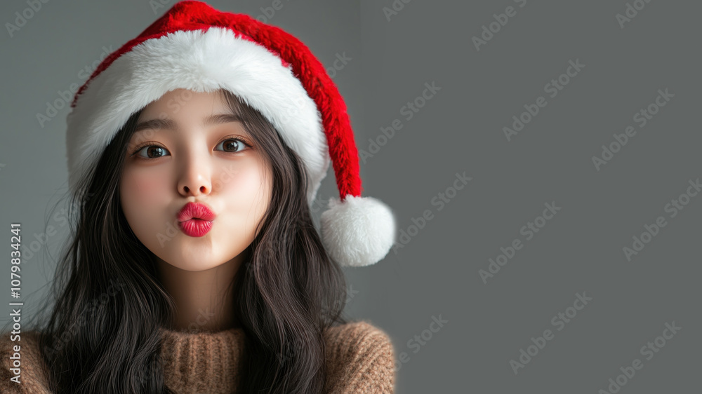 Korean girl student blowing a kiss in christmas wear and santa hat isolated on gray Korean girl student blowing a kiss in christmas wear and santa hat isolated on gray