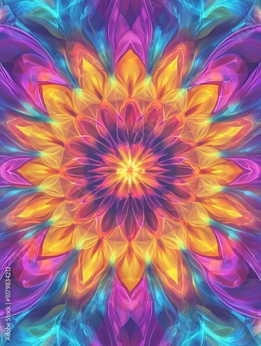 Vibrant Psychedelic Flower Kaleidoscopic Abstract Art Background with Neon Colors and Dynamic Swirling Patterns