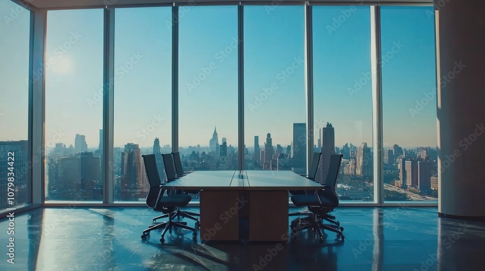 Fototapeta premium Office interior with meeting table and chairs, ceo desk near window. Mockup wall