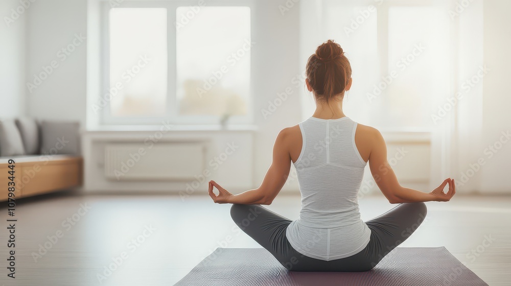 A woman meditates in a bright room, promoting tranquility and mindfulness through yoga practice and inner peace. A woman meditates in a bright room, promoting tranquility and mindfulness through yoga practice and inner peace.