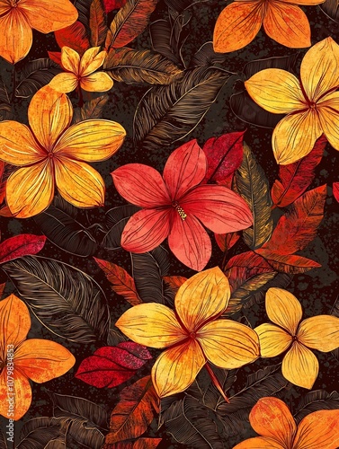 Wallpaper Mural Intricate Batik Floral Pattern with Vibrant Tropical Flowers and Earthy Tones Torontodigital.ca