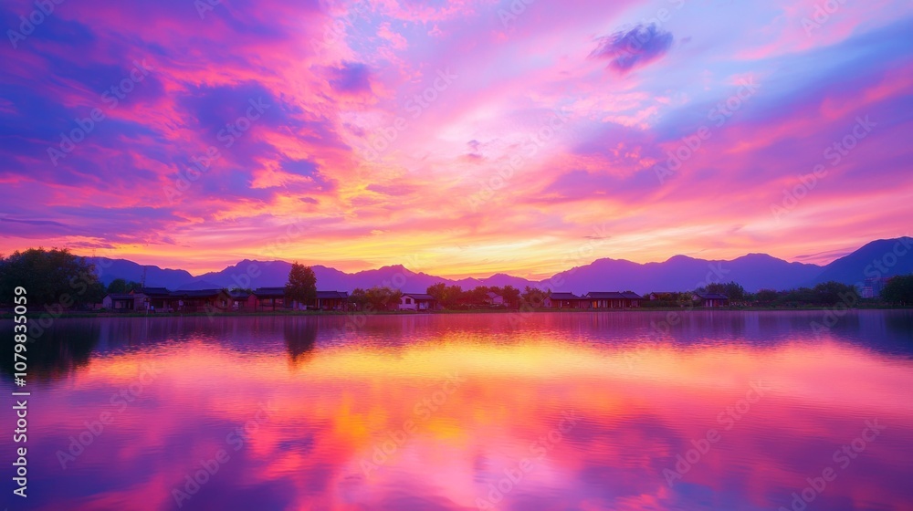 Serene Sunset in Rural China: Vibrant Colors, Traditional Houses, and Mountain View Reflecting on Still Pond Serene Sunset in Rural China: Vibrant Colors, Traditional Houses, and Mountain View Reflecting on Still Pond