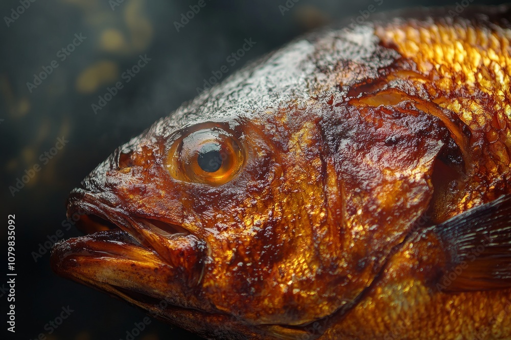 Smoked fish with a dark brown and golden color. 