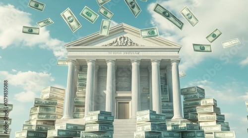 A majestic bank structure stands amid stacks of cash and floating dollar bills, representing abundance and the allure of financial success. The sky is bright and inviting photo