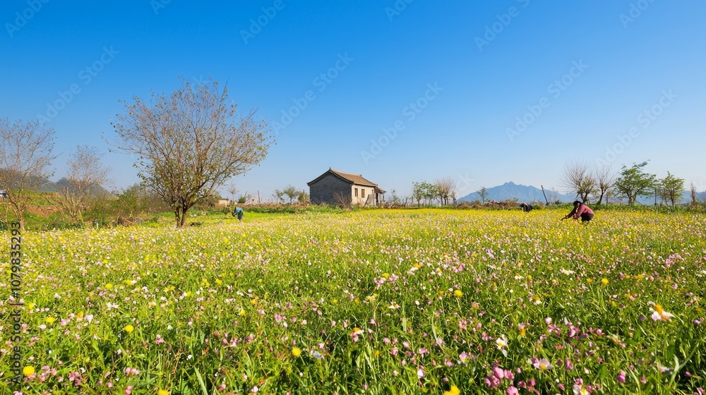 Bucolic Spring Bliss: Farmers Planting Seeds Among Wildflowers in Rural China under a Blue Sky Bucolic Spring Bliss: Farmers Planting Seeds Among Wildflowers in Rural China under a Blue Sky