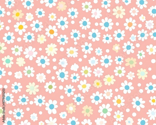 Retro Inspired Floral Polka Dot Pattern with Repeating Daisies in Pastel Color Scheme