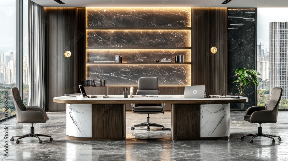 Office interior with meeting table and chairs, ceo desk near window. Mockup wall Office interior with meeting table and chairs, ceo desk near window. Mockup wall