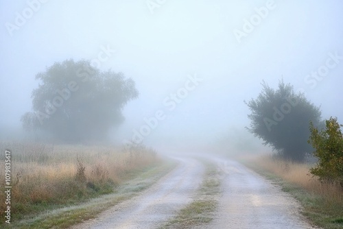 A misty dirt road winds through a field with trees on either side.