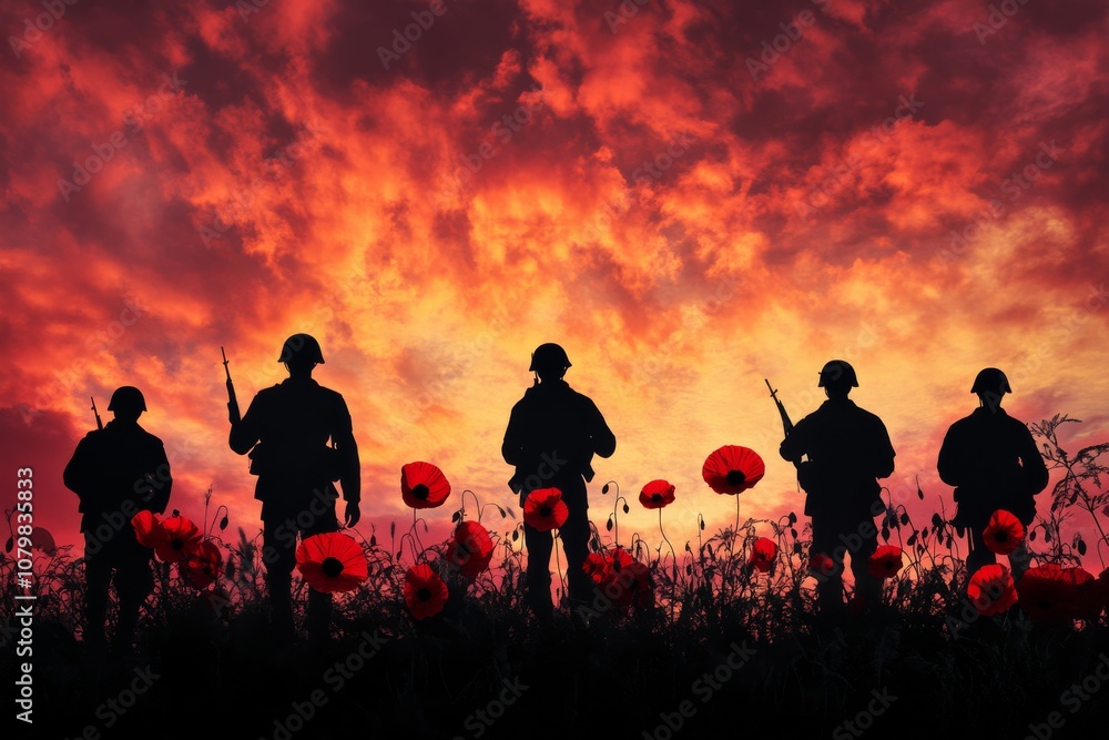 Silhouettes of soldiers in the field with poppies against a sunset sky background during battles for World War I. Silhouettes of soldiers in the field with poppies against a sunset sky background during battles for World War I.