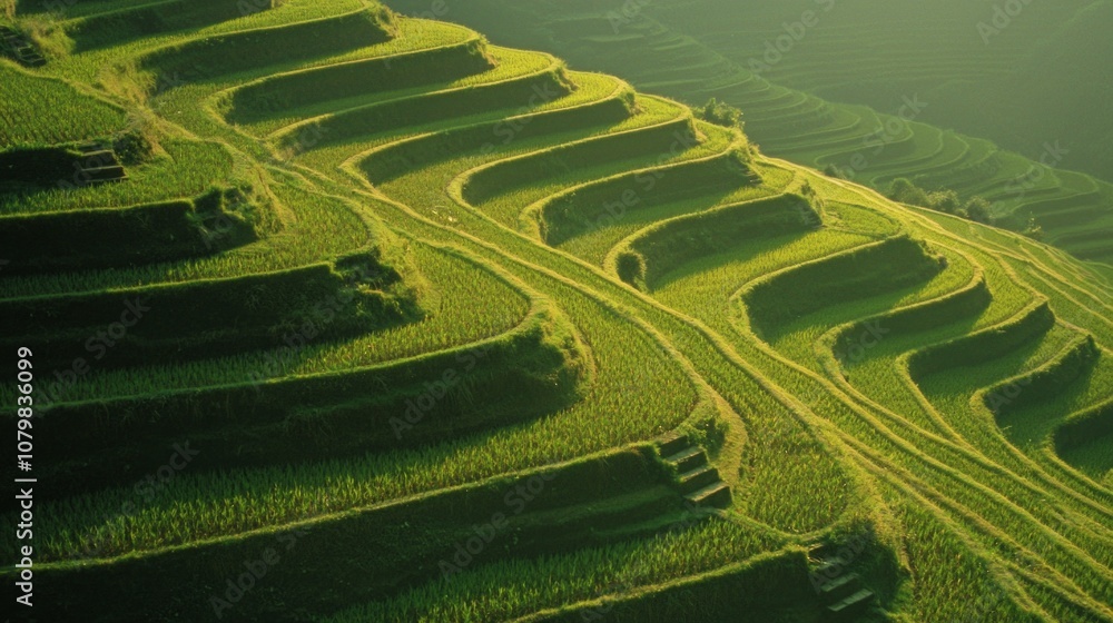 Fototapeta premium Serene Sunrise: Breathtaking Rural China Terraced Fields Landscape with Misty Mountains and Diligent Farmers Working in Tranquil Setting