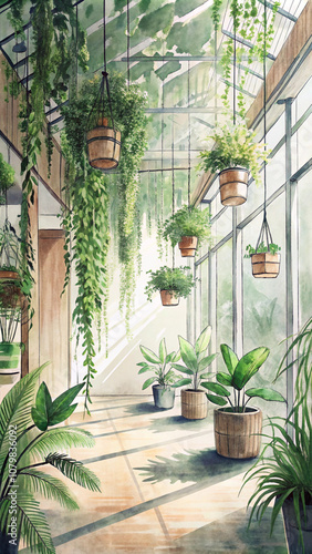 Lush indoor greenhouse with hanging plants, cascading greenery, and bright sunlight streaming through large glass windows, creating a tranquil botanical retreat.