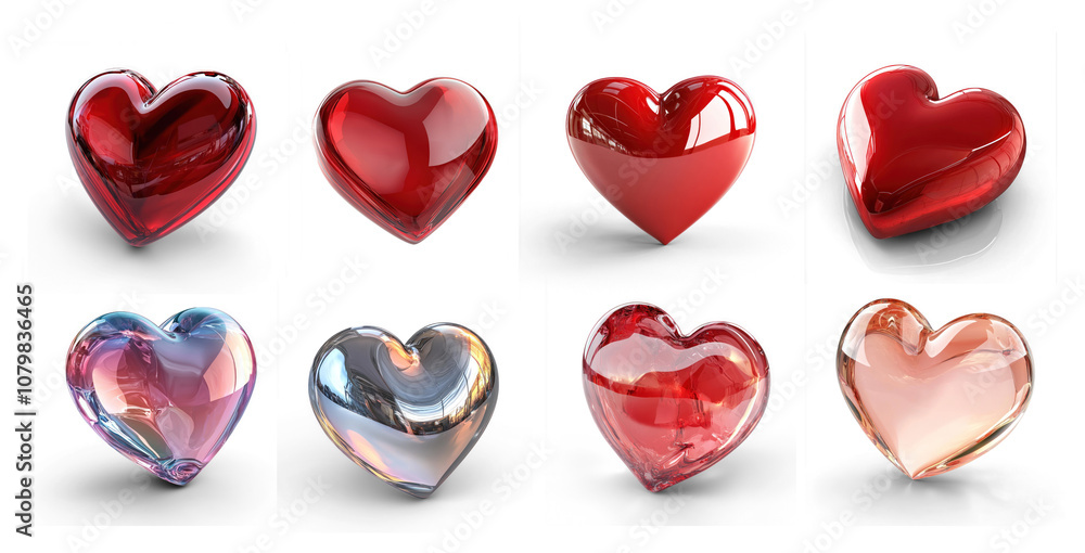 Collection of Red 3D heart shape with a glossy finish on a transparent background Collection of Red 3D heart shape with a glossy finish on a transparent background
