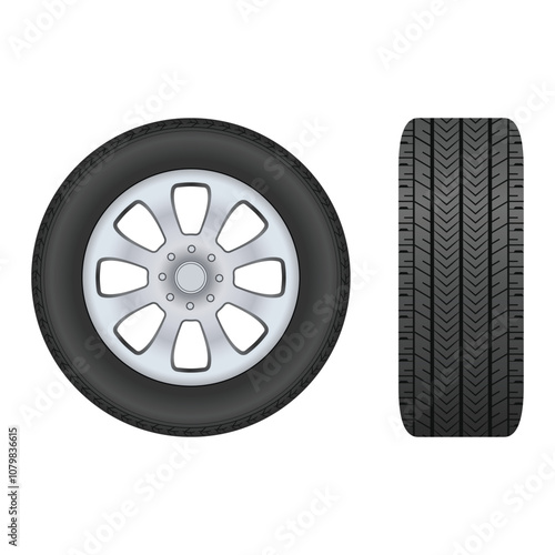 Car tire front and side view with mag wheel