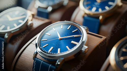 A collection of wristwatches featuring striking blue dials is showcased elegantly on wooden stands, emphasizing their unique designs and craftsmanship within the store