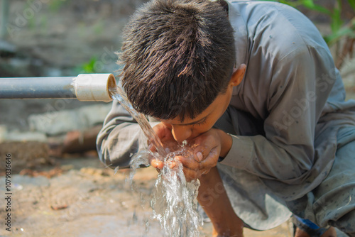 Canvastavla Rural Innocence: Boy Quenching Thirst from a Fresh Water Source