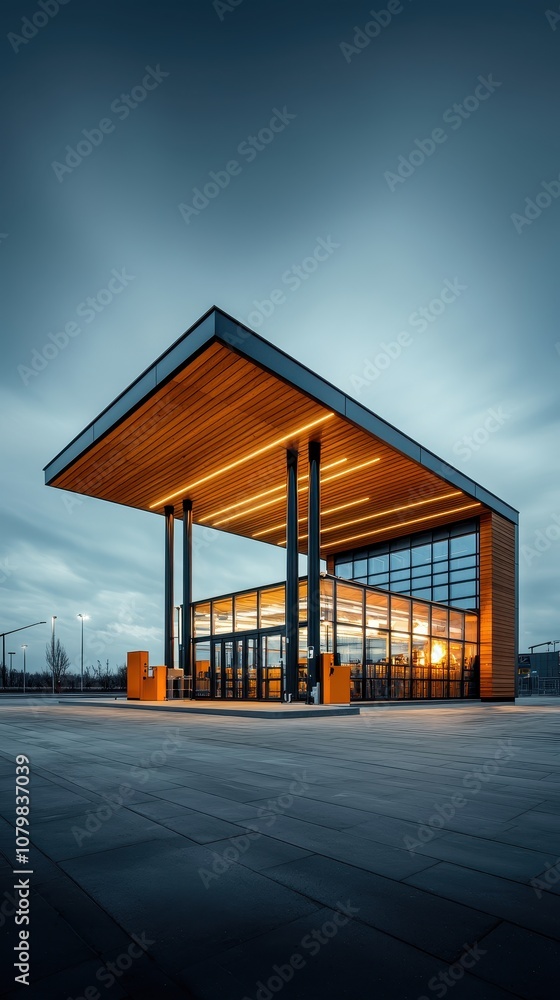 A modern architectural structure featuring a wooden overhang, large glass windows, and a serene atmosphere, illuminated in a soft, ambient light. A modern architectural structure featuring a wooden overhang, large glass windows, and a serene atmosphere, illuminated in a soft, ambient light.