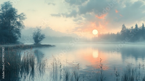 Serene lake at sunrise with mist and trees reflecting on water.