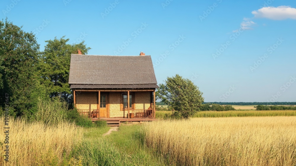 Rustic straw house with a cozy front porch surrounded by tall grass, under a clear blue sky in rural farmland. Rustic straw house with a cozy front porch surrounded by tall grass, under a clear blue sky in rural farmland.