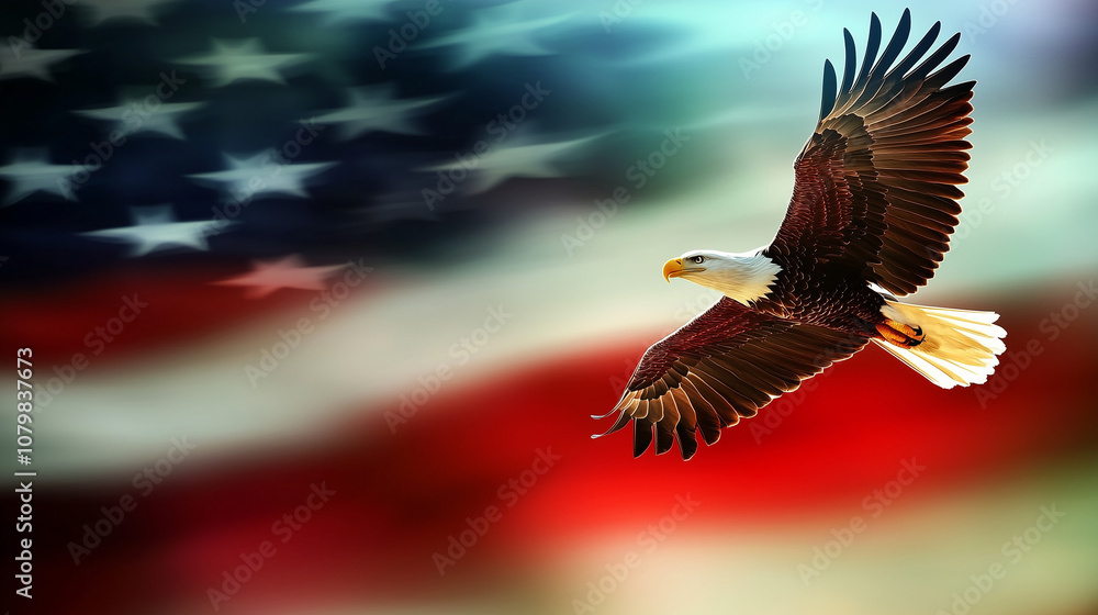 Fototapeta premium Honoring all who served. American Bald Eagle flying on US flag background, Veterans day