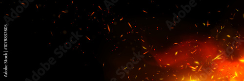 Fire sparks and flame on black background. Vector realistic illustration of hot orange sparkles and smoke rising above bonfire at night, burning fireplace or grill, wildfire danger, heat energy