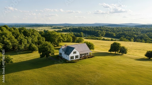 A serene aerial view of a white house surrounded by lush greenery and open fields under a clear blue sky.