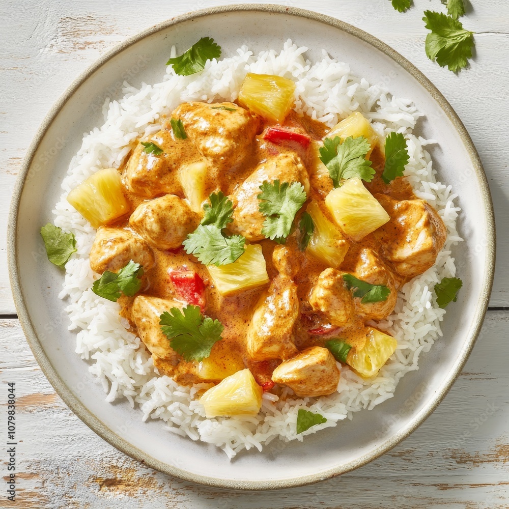 A savory chicken curry is beautifully served with chunks of pineapple atop a bed of fluffy rice, garnished with fresh cilantro for a tropical twist on a classic dish. A savory chicken curry is beautifully served with chunks of pineapple atop a bed of fluffy rice, garnished with fresh cilantro for a tropical twist on a classic dish.