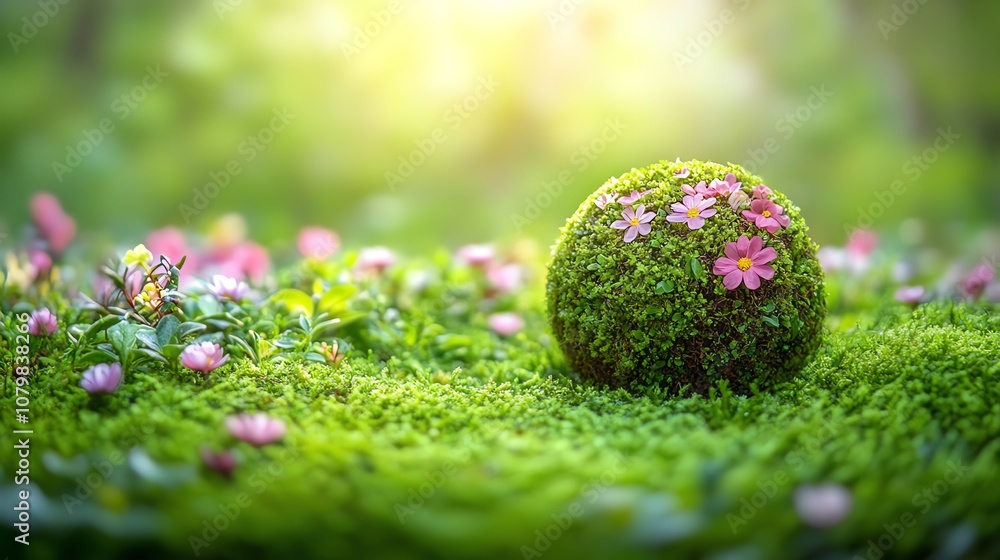 A vibrant green moss ball adorned with delicate pink flowers in a serene garden setting. A vibrant green moss ball adorned with delicate pink flowers in a serene garden setting.
