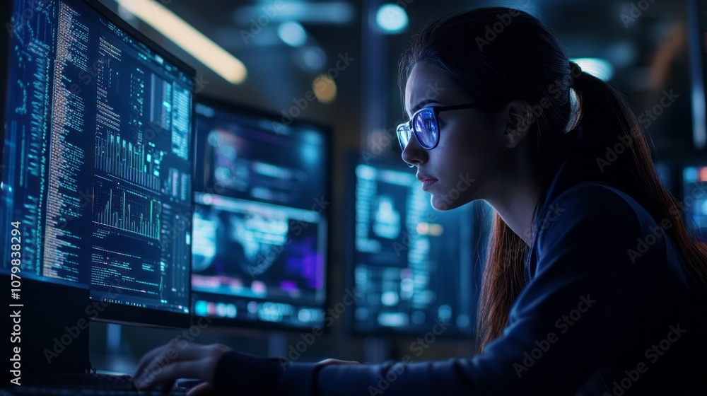 A woman is sitting in front of a computer with her head down A woman is sitting in front of a computer with her head down