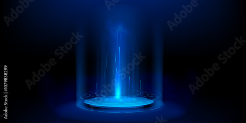 Hi-tech hologram portal with light beam on black background. Vector realistic illustration of futuristic teleport with neon blue illumination, sci-fi game backdrop, virtual reality stage platform