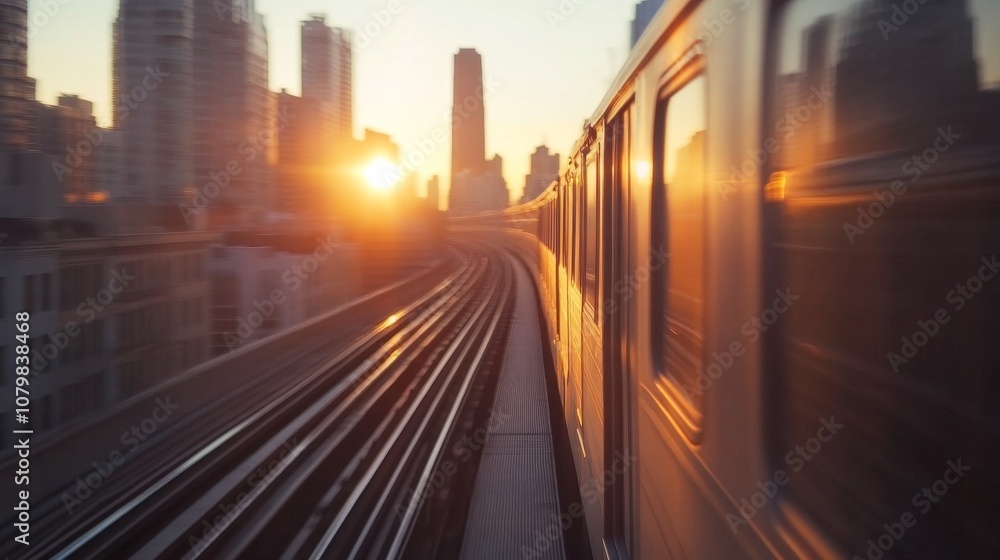 A train glides smoothly along elevated tracks against a vibrant city skyline during dusk, with the sun setting on the horizon, casting warm golden light A train glides smoothly along elevated tracks against a vibrant city skyline during dusk, with the sun setting on the horizon, casting warm golden light