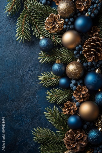 A warm and inviting winter-themed arrangement of pinecones and gold-blue baubles on dark wood, perfect for Christmas holiday cards, invitations, or festive decor.