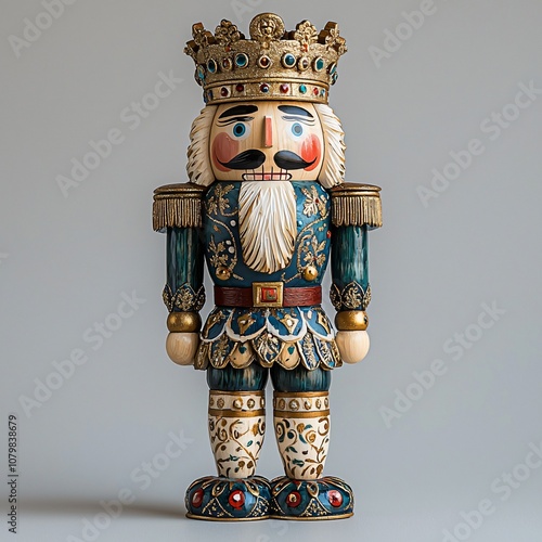 A beautifully detailed wooden nutcracker figurine, ideal for enhancing festive holiday designs, particularly for Christmas and winter celebrations.