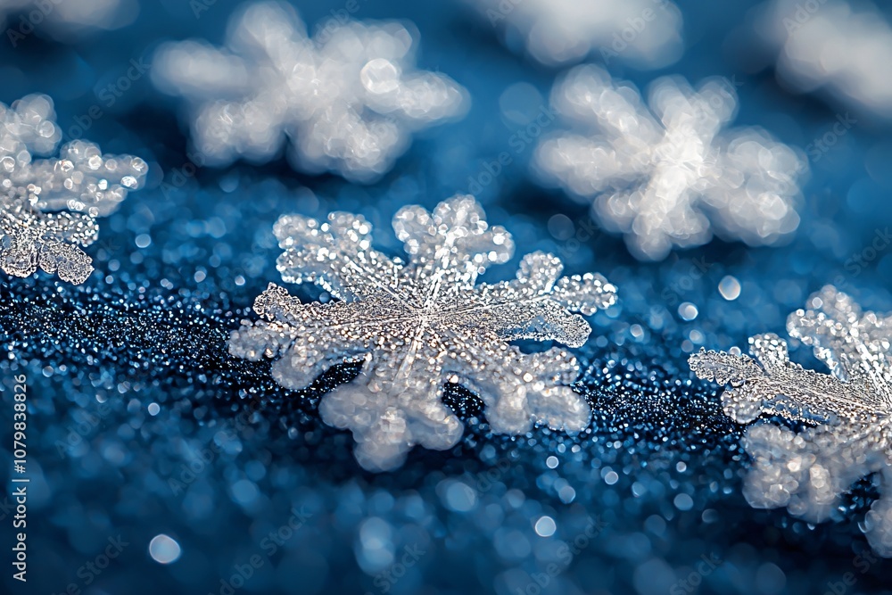 A serene winter wonderland with frosted snowflakes against a deep blue backdrop, perfect for holiday cards, winter events, and seasonal promotions. A serene winter wonderland with frosted snowflakes against a deep blue backdrop, perfect for holiday cards, winter events, and seasonal promotions.
