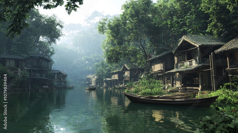 Obraz premium Serene Lakeside Village in Rural China - Tranquil Scene of Traditional Wooden Homes, Fishing Boats, and Lush Forests | Ultra-Detailed Photo