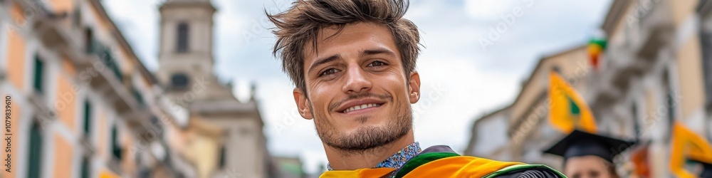Fototapeta premium A young man celebrates graduation with a colorful sash in a vibrant city street during a festive outdoor event